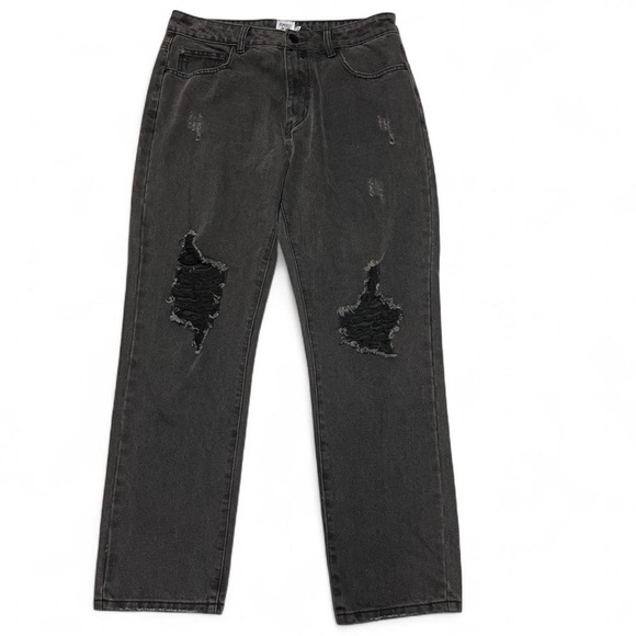 Princess Polly Denim - Princess Polly Women's Distressed Straight Leg Black Jeans Size 12 Trendy Grunge